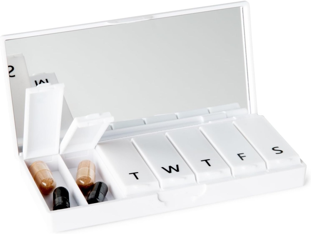 PORT X POLISH Designer Weekly Pill Box Organizer (Single 1X Daily, Crisp White) | Compact, Stylish 7-Day Vitamin Supplement Case | Cut Portable Mini Travel Medicine Carrier | BPA-Free Pillbox Caddy