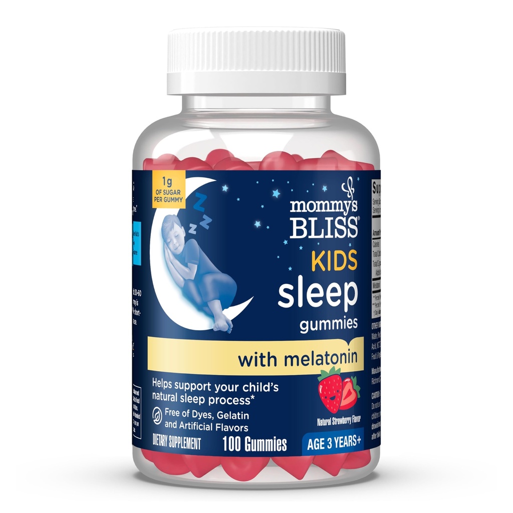 Mama's Bliss Kids Sleep Melatonin Gummies, Non Habit-Forming with No Artificial Colors, Saveurs ou Gélatine - Age 3 Years+ - Strawberry Flavor - 100 Gummies