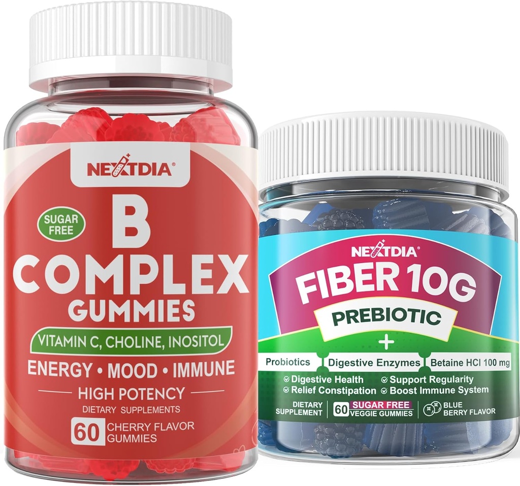 2 Pack Methyliertes Vitamin B Complex + 1 Pack Sugar Free 10g Prebiotic Fiber Supplement, Gummi für Erwachsene