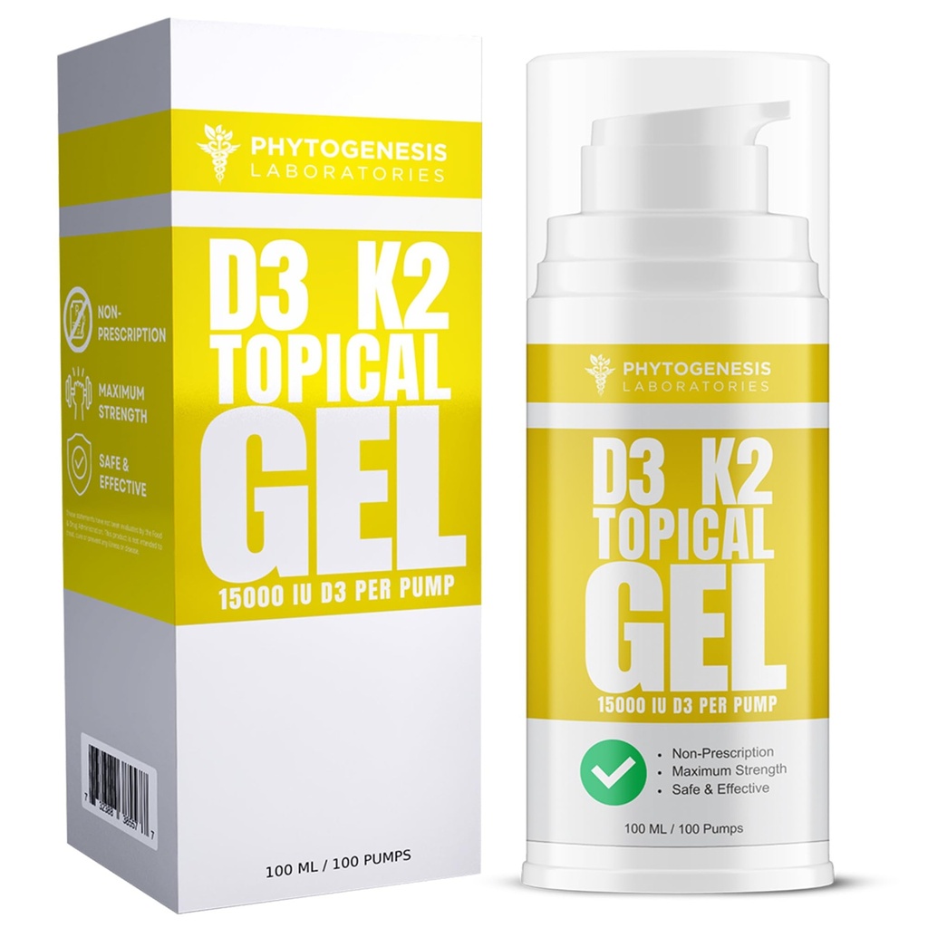 Vitamine D3 K2 Gel topique de résistance maximale - 15000+ UI par pompe - La vitamine Sunshine - soutient la santé osseuse et articulaire, le soutien immunitaire - un mois d'approvisionnement