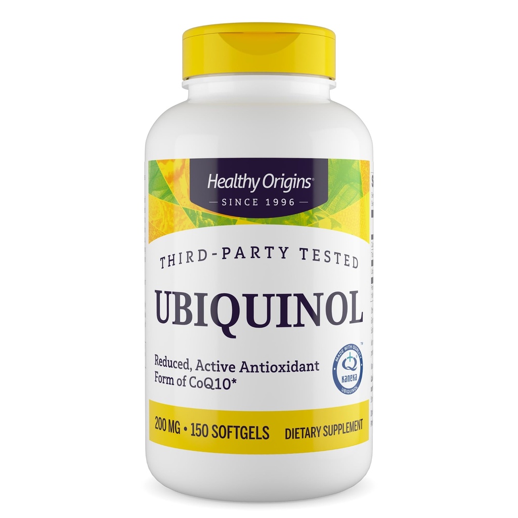Origines saines Ubiquinol (forme active du CoQ10), 200 mg - Suppléments ubiquinol Kaneka pour la santé cardiaque et le soutien antioxydant - Supplément sans gluten et sans OGM - 150 Softgels