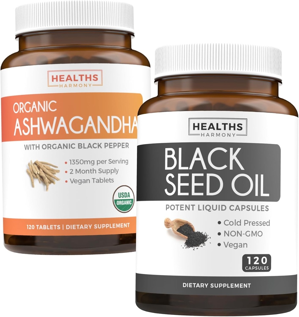 Ensemble d'huile de graines noires et d'ashwagandha biologique - Renouveler et recharger l'ensemble - huile de graines noires - 120 capsules de gel mou (non OGM et végétarien) et poudre de racine biologique d'ashwagandha 1350mg servir (120 comprimés)