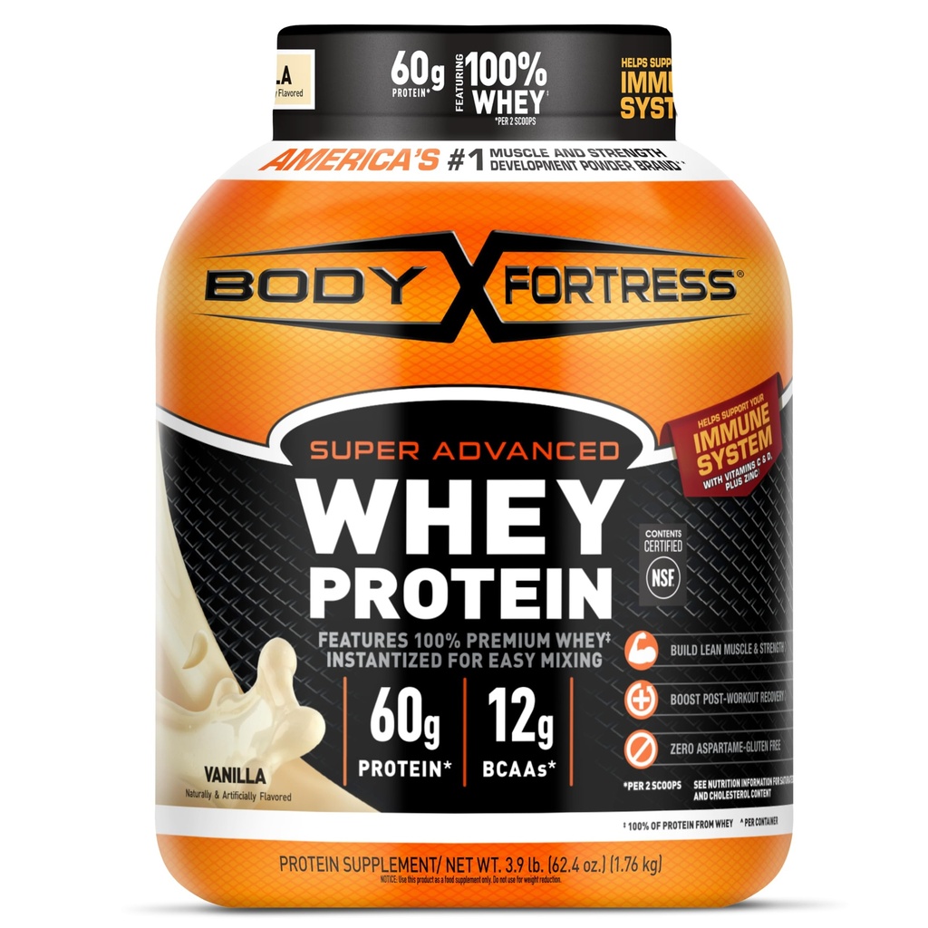 Body Fortress Super Advanced Whey Protein Powder, Vanille, Immununterstützung (1), Vitamine C & D Plus Zink, 3.9 lbs.