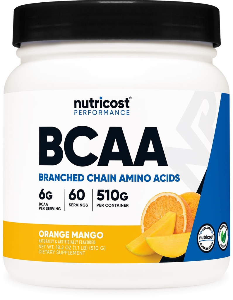 Nutricost BCAA poudre (Orange Mango, 60 portions) - 2:1:1 Rapport optimal, sans gluten, non OGM, végétarien