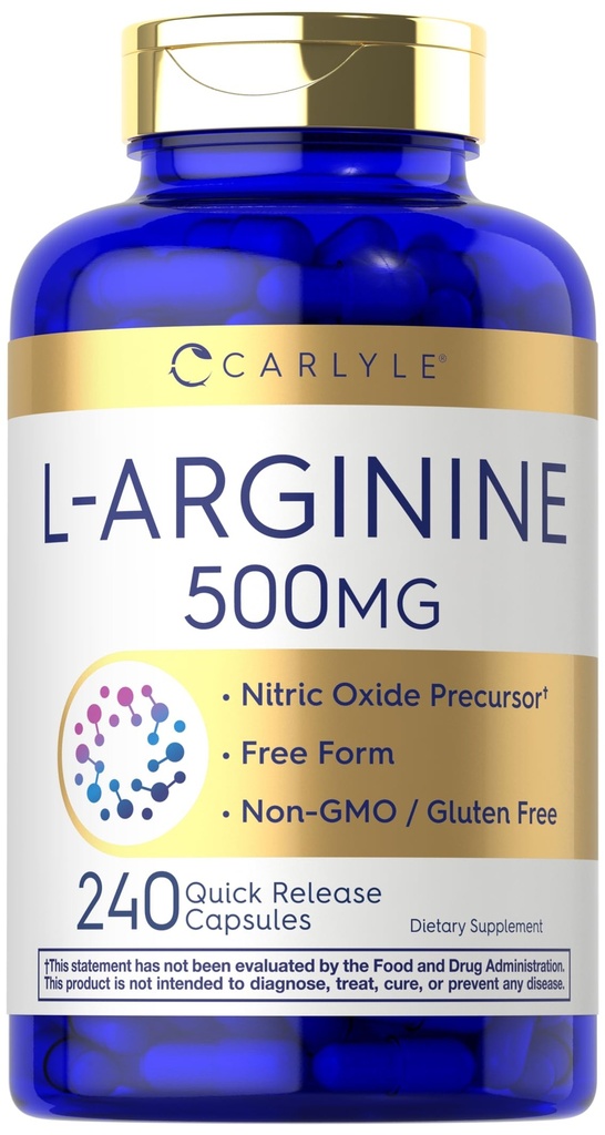 Carlyle L-Arginine 500 mg Capsules | 240 Count | Nitric Oxid Precursor | Free Form Amino Acid | Non-GMO & Gluten Free Supplement