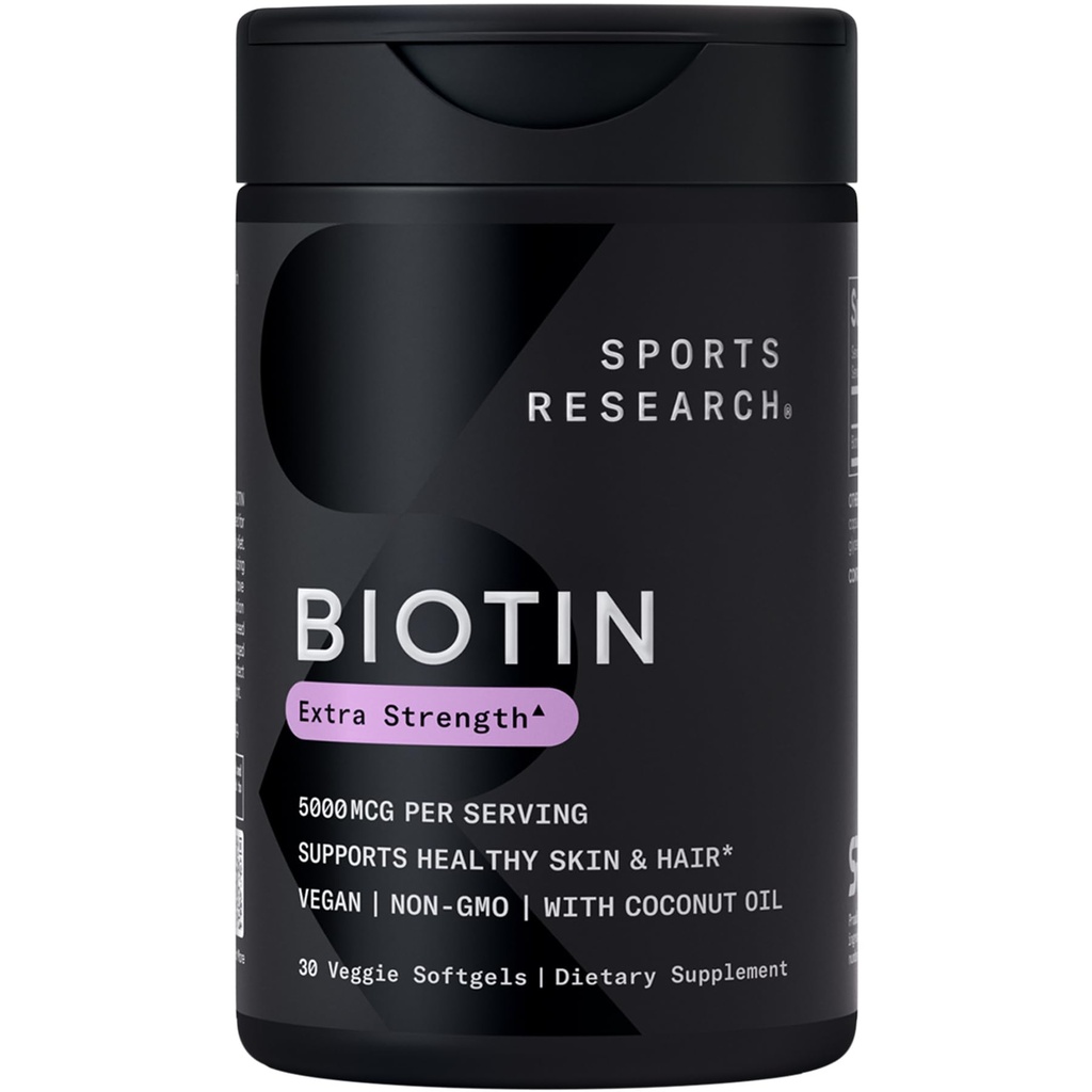 Sports Research® Biotine 5 000mcg à l'huile de noix de coco biologique - Biotine (Vitamine B7) pour une peau et des cheveux sains* - pour les femmes et les hommes - Vegan, non-OGM, sans gluten et sans soja - 30 softgels végétariens