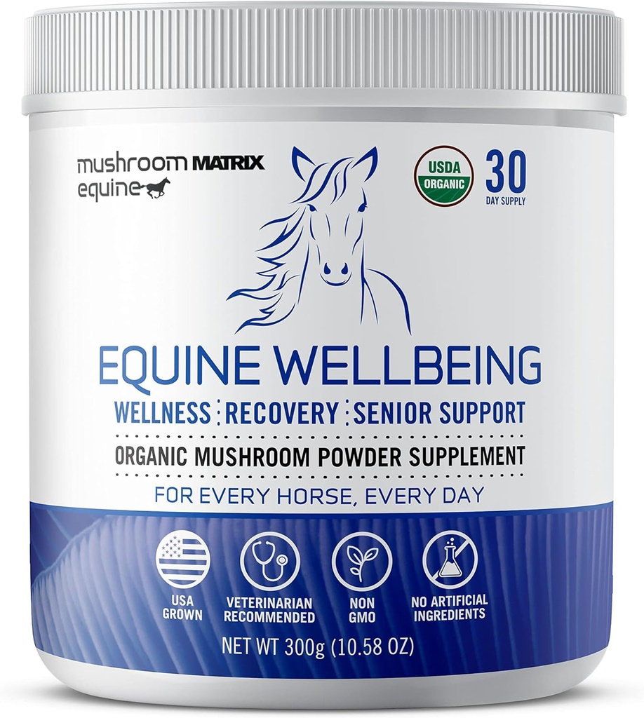 Om Mushroom Matrix - Equine | Wellbeing | USA Grown Human-Grade Organic Mushroom Powder Show Safe Horse Supplement | Wellness, Erholung, & Senior Support | 300 Gramm, 10.5 oz