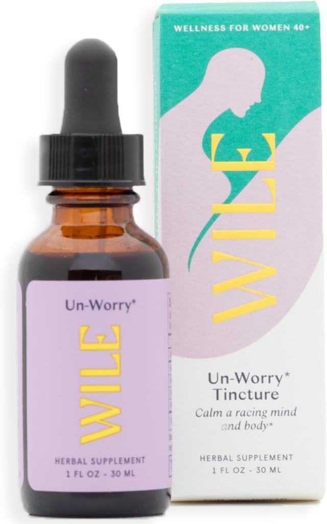 WILE Un-Worry Teinture pour les femmes - Supplément de soutien de calme, de focus et d'humeur liquide avec le basilic, Bacopa & Reishi, Perimenopause à base de plantes, Ménopause, gouttes de soutien hormonal pour le stress, 1fl oz