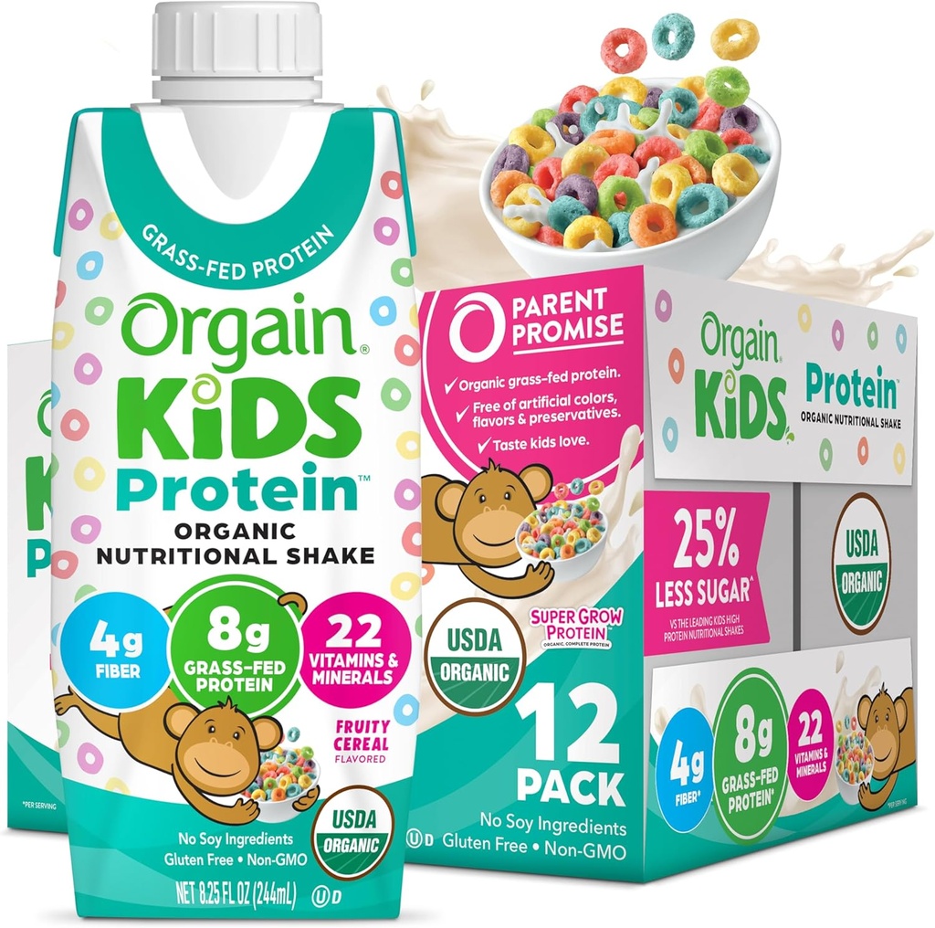 Orgain Organic Kids Nutritional Protein Shake, Fruity Cereal - Kinder Snacks mit 8g Dairy Protein, 22 Vitamine & Minerals, Obst & Gemüse, Glutenfrei, Sojafrei, Non-GMO, 8.25 Fl Oz (Pack von 12)