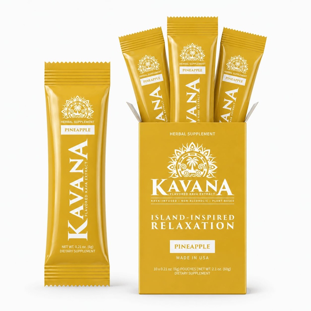 Kavana Instant Kava Drink Mix - Instant Kava Powder Stick Packs with 30% Kavalactones Extract, 10 Single-Serve Pouches - Herbal, Non-Alcoholic, Sugar-Free, Plant-Based, Made in USA - Pineapple Flavor