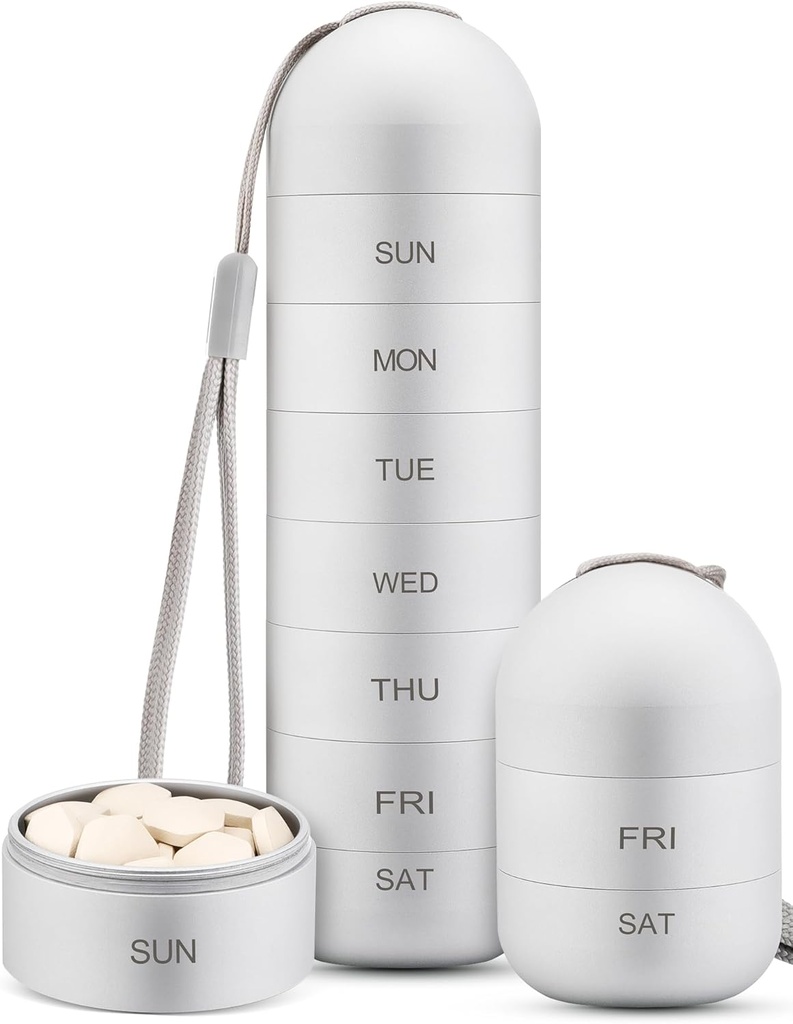 Zannaki Metal Moisture Proof Wöchentliche Pille Organizer, stapelbare Aluminiumlegierung BPA Kostenlose Reise Wandern 7 Tage Pille Box Fall Wasserdicht und große Anteil Pillen, Vitamine, Fischöl, Ergänzungen