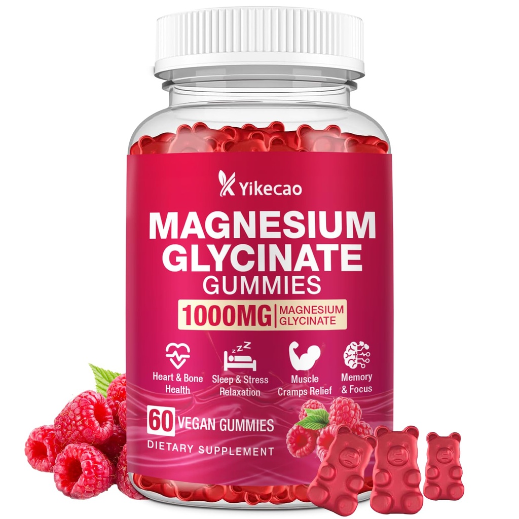 Magnesium Glycinate Gummies 1000mg, Magnesium Gummies for Adults & Kids with L-Threonate, Magnesium Supplement for Relaxation, Calm, Sugar Free, Raspberry Flavor, 60 Count