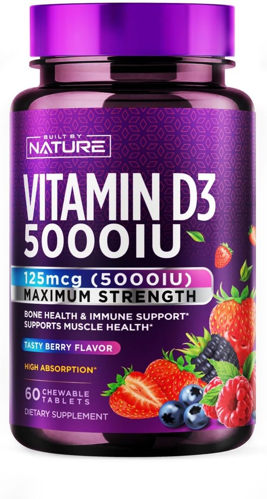Erbaut von Nature Chewable Vitamin D3 5000 IU - Vitamin D Supplement Chews – Sugar Free & Natural Berry Flavor - 60 Tabletten