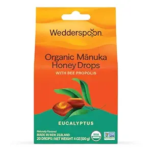 Wedderspoon Bio Manuka Honey Drops, Eucalyptus & Bee Propolis, 20 Count (4oz) (Pack von 1)| Echte neuseeländische Honig | Perfekte Remedy für trockene Bedrohungen
