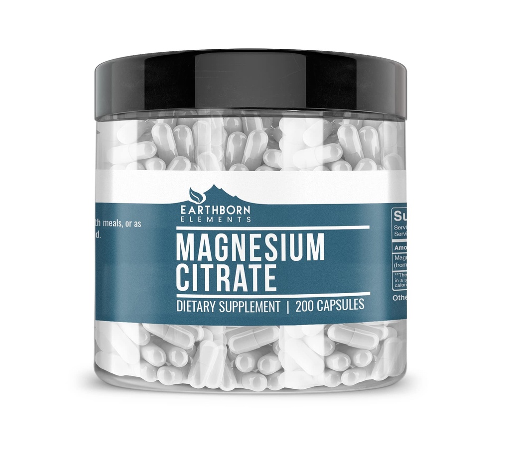 Éléments terriens Citrate de magnésium 200 Capsules, pures et non diluées, sans additifs