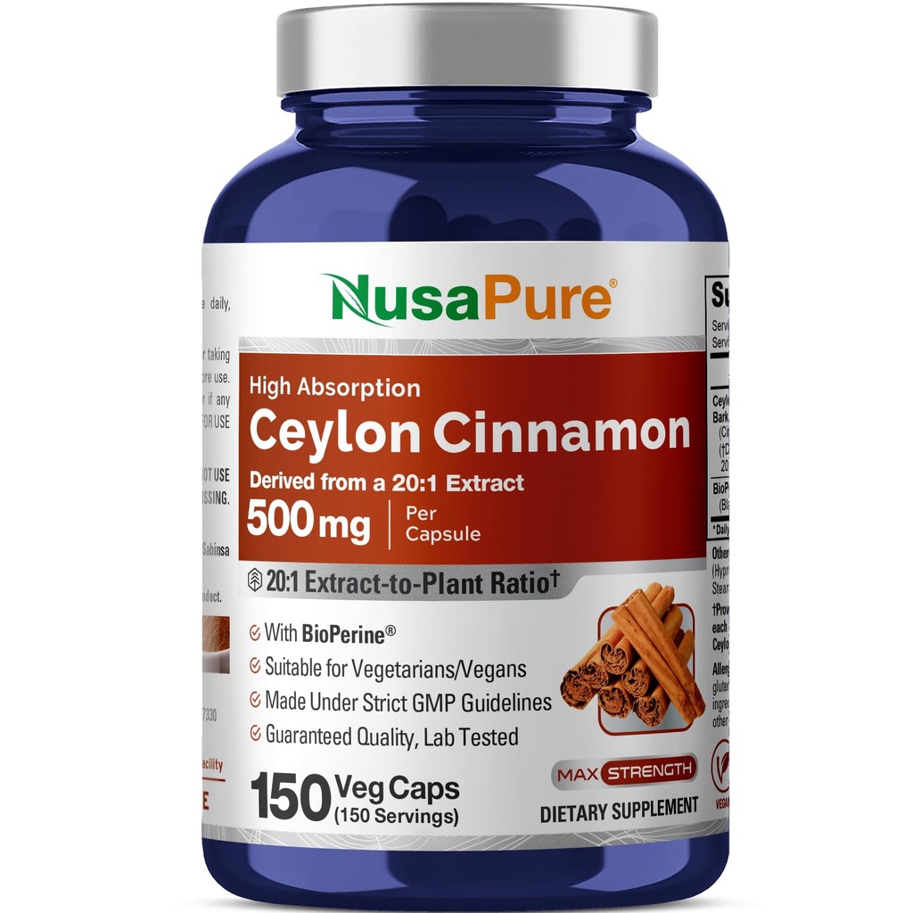 NusaPure Ceylon Cinnamon20:1 Extrakt, 500 mg Äquivalent zu 10.000 mg Pro Caps | 150 Veggie Kapseln | Non-GMO, Vegan mit Bioperine