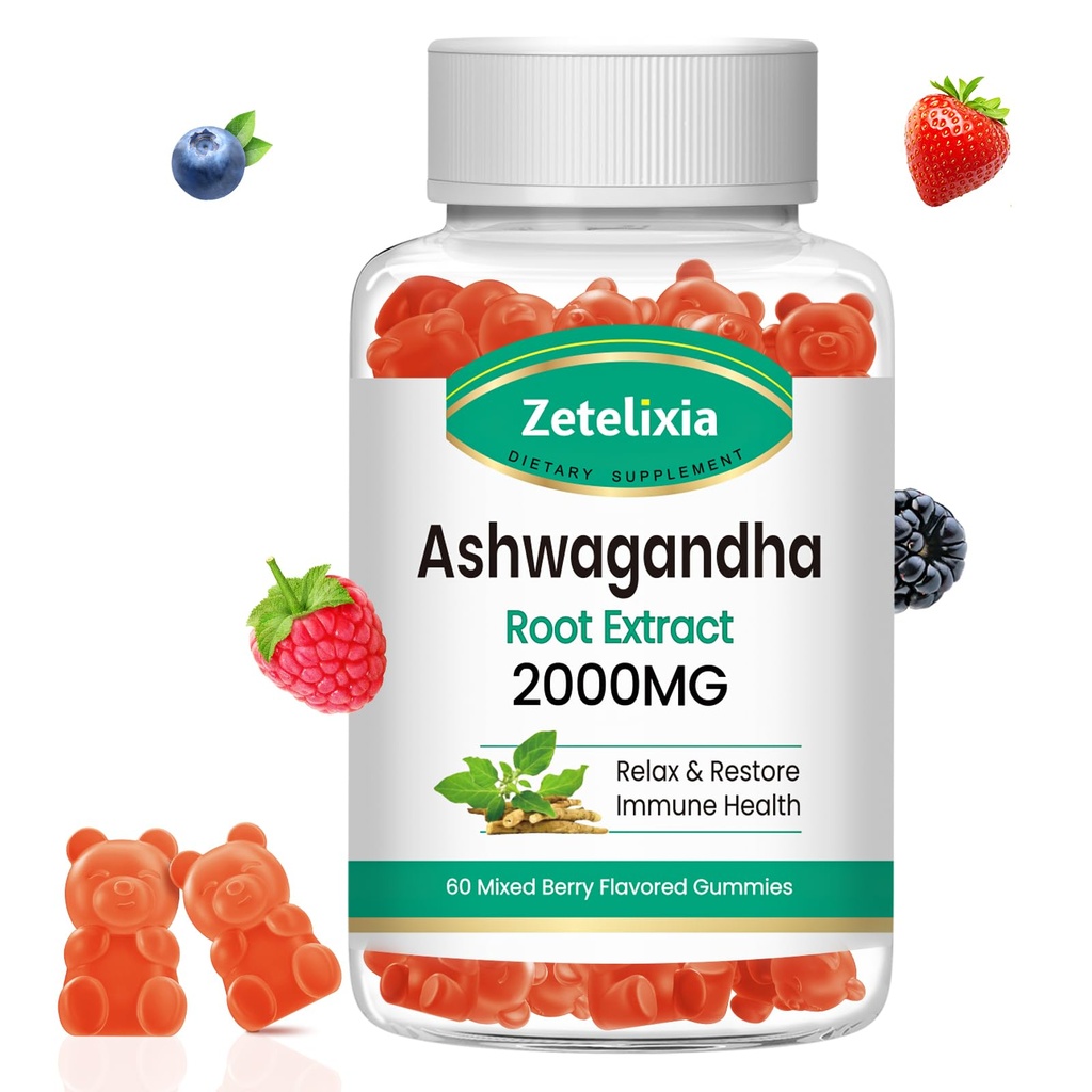 Ashwagandha Gummies, extra Stärke Vitamin D3, Bio Ashwa Root Extract Supplement für ruhige Mood Erholung & Immununterstützung, gemischte Berry Vegan Zucker Free Chews 60 Count
