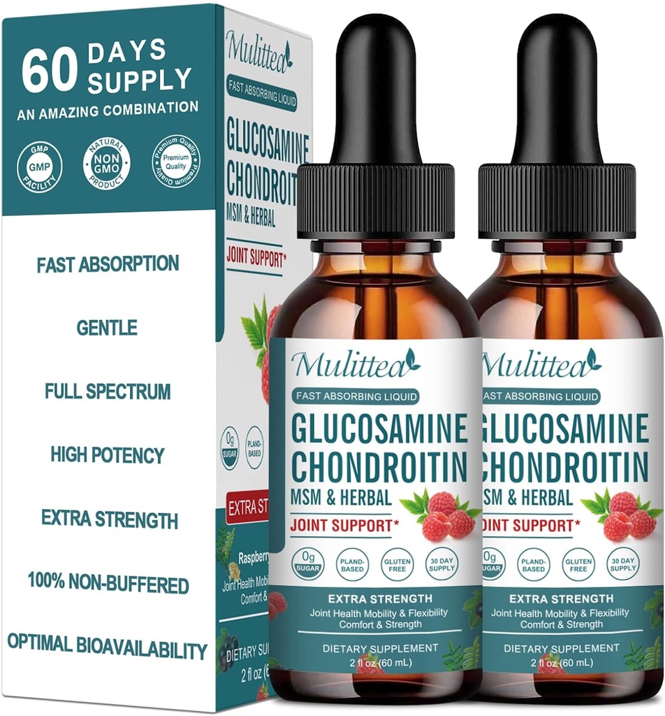 (2 Pack) Glucosamine Chondroïtine MSM gouttes liquides - Supplément de soutien articulaire extra-fort avec Elderberry, Boswelia, Bromelain, acide hyaluronique - Support immunitaire antioxydant pour adultes, hommes et femmes