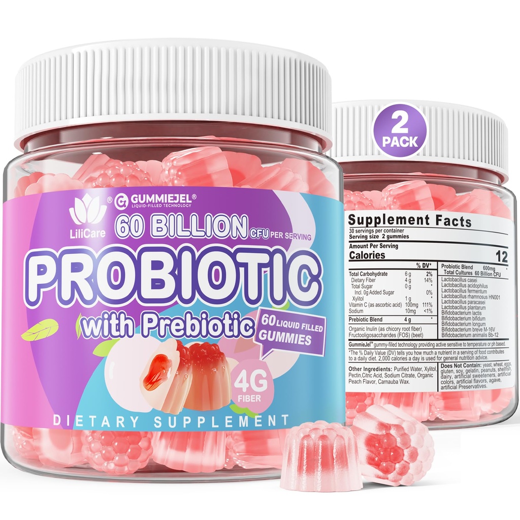 2Pack Probiotic + Prebiotics Gummis Sugar Free 60 Billion CFU, 11 Strains Probiotics Gefüllte Gummis für Frauen Männer Verdauungs-Gesundheit und Gut-Gesundheit, unterstützt Verstopfung, Durchfall, Gas & Bloating