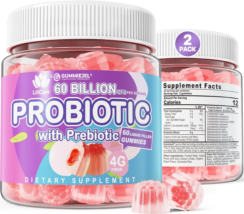 2Pack Probiotic + Prebiotics Gummis Sugar Free 60 Billion CFU, 11 Strains Probiotics Gefüllte Gummis für Frauen Männer Verdauungs-Gesundheit und Gut-Gesundheit, unterstützt Verstopfung, Durchfall, Gas & Bloating