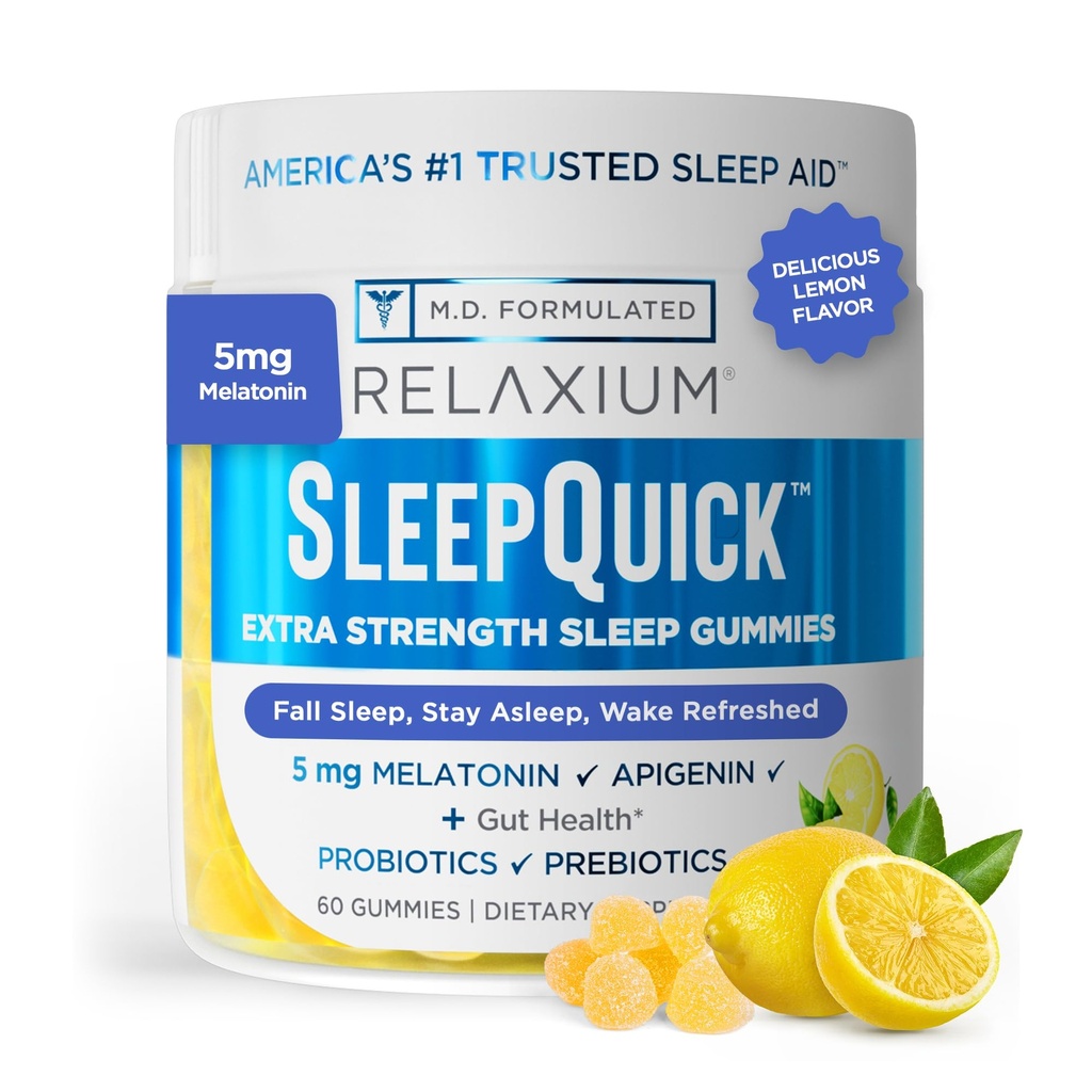 Relaxium Sleep Quick Gummy, aide au sommeil, 5 mg de mélatonine, vitamine D-3, mélange prébiotique et probiotique, sans gluten et sans médicament, saveur de citron, 60 glumeaux
