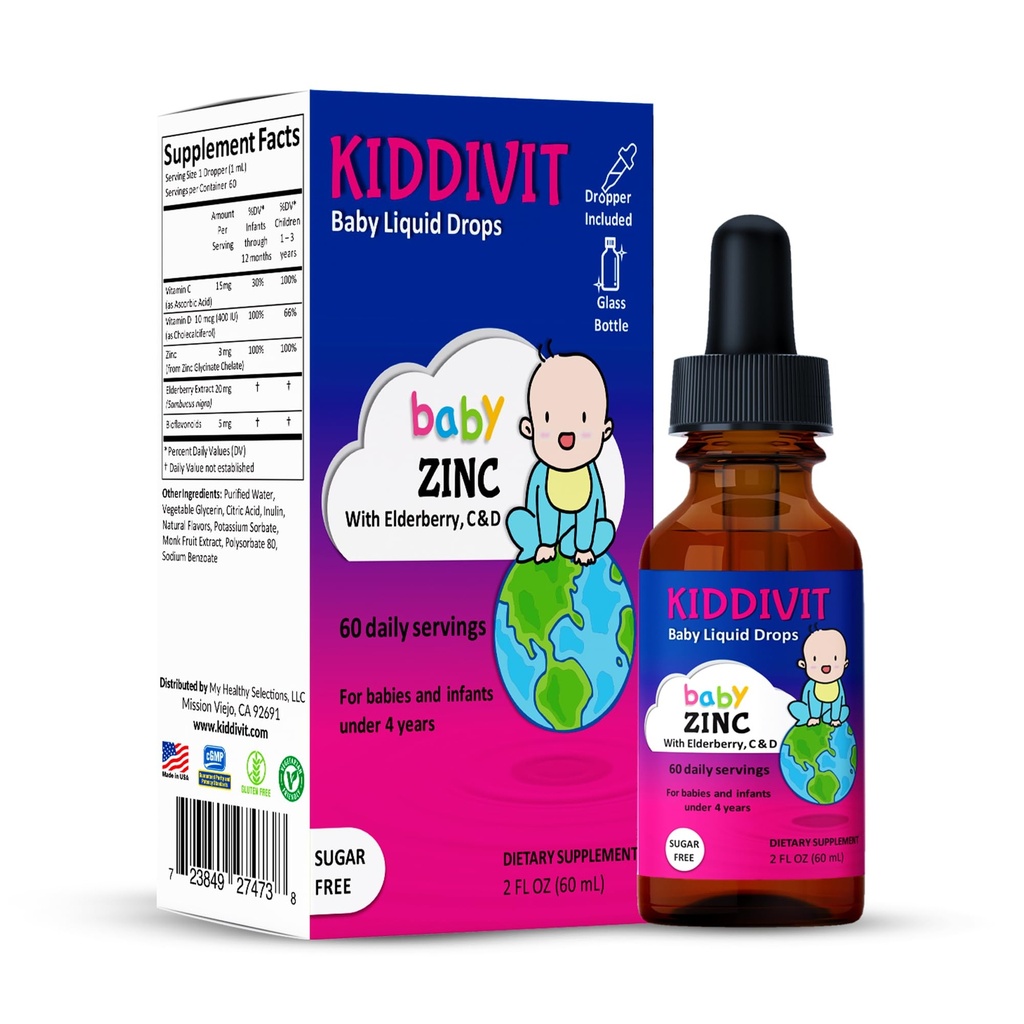 Kiddivit Baby Zinc gouttes liquides avec Elderberry, Vitamine D3 & C – Supplément doux de soutien immunitaire – 60 portions quotidiennes, Inuline riche en fibre prébiotique – sans sucre, sans gluten, végétarien, 2oz