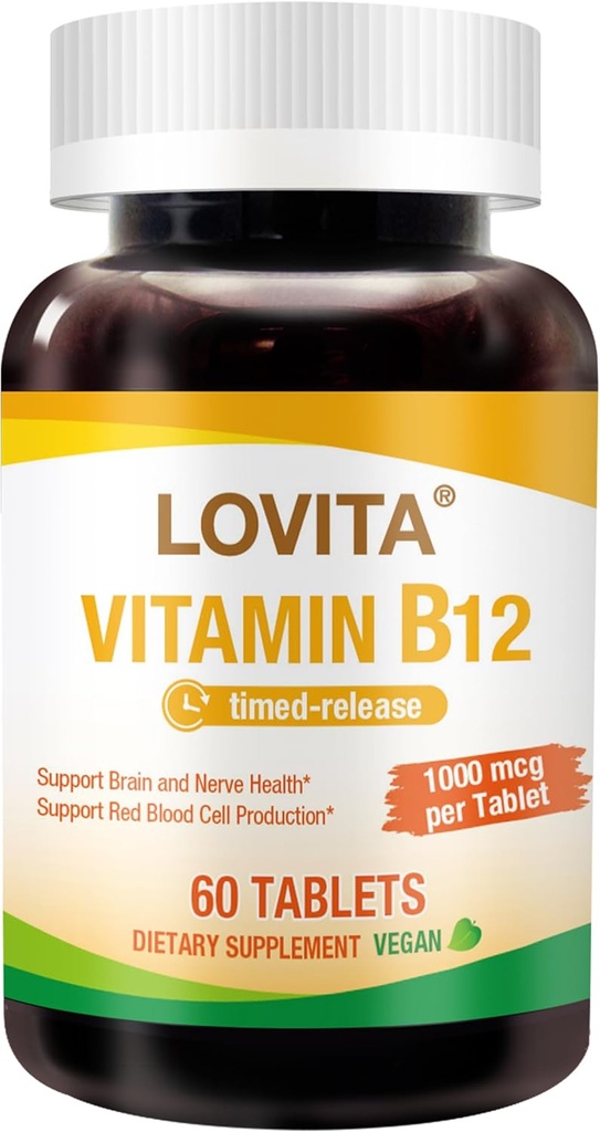 Lovita Vitamin B12 1000 mcg (B12 Vitamine als Cyanocobalamin), Timed Release B12, Vegan-Friendly, unterstützt Nervous System, 60 vegetarische Tabletten (2 Monate Versorgung)
