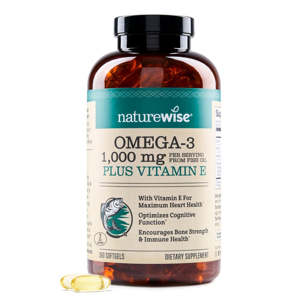 NatureWise Extra-Strength Omega 3 Fischöl-Ergänzung - 1000mg pro Servierung - 600 EPA & 400 DHA und Vitamin E - Unterstützung für Herz- und Hirngesundheit - Zitronengeschmack, GMO-frei - 360 Softgels[6-Monat-Versorgung]