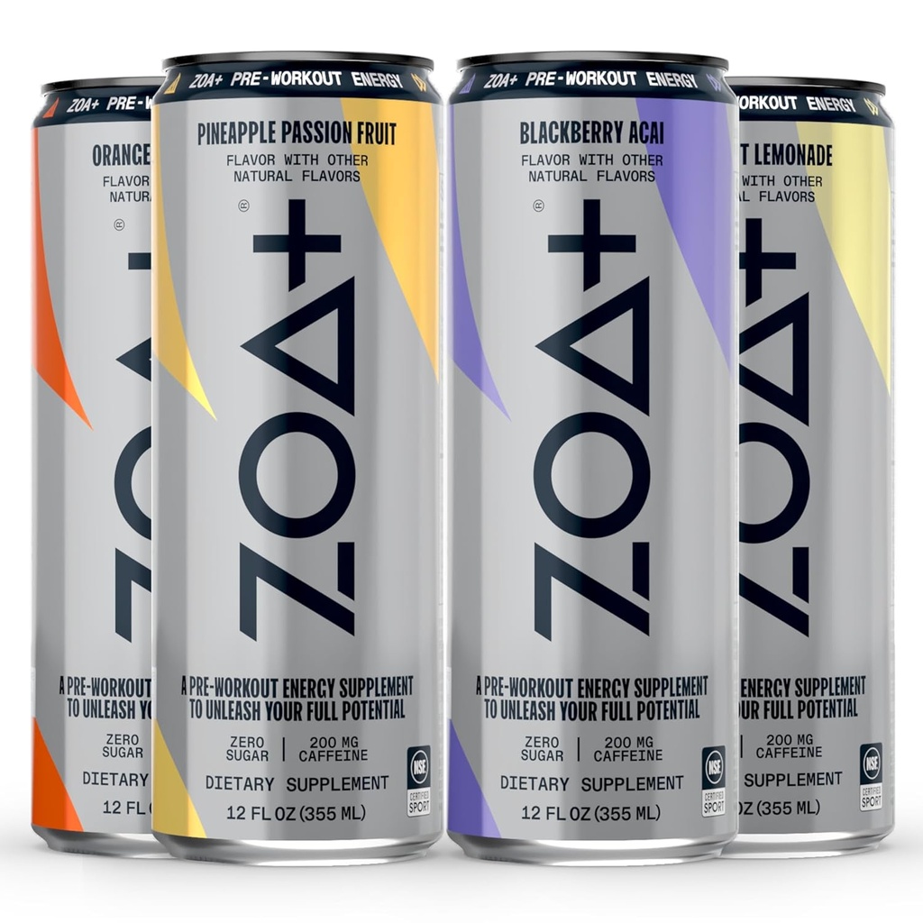ZOA+ Boissons énergétiques pré-entraînement, assortiment de variétés - NSF certifié pour le sport avec zéro sucre, support à l'oxyde nitrique, vitamines B & D, acides aminés et électrolytes - 48 pack