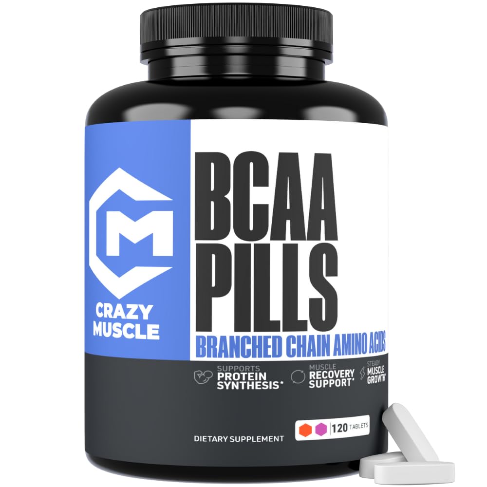 Crazy Muscle BCAA Pills avec le ratio parfait 2:1:1 des acides aminés à chaîne ramifiée supplément, 1000mg de BCAA par pilule (Mieux que les capsules), 120 comprimés