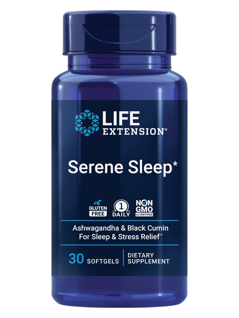 Lebensverlängerung Serene Sleep – Ashwagandha, Black Cumin – Schlafzusatz, Ruhe, Schlafunterstützung ohne Melatonin – Einmal täglich, Glutenfrei, Non-GMO – 30 Softgels