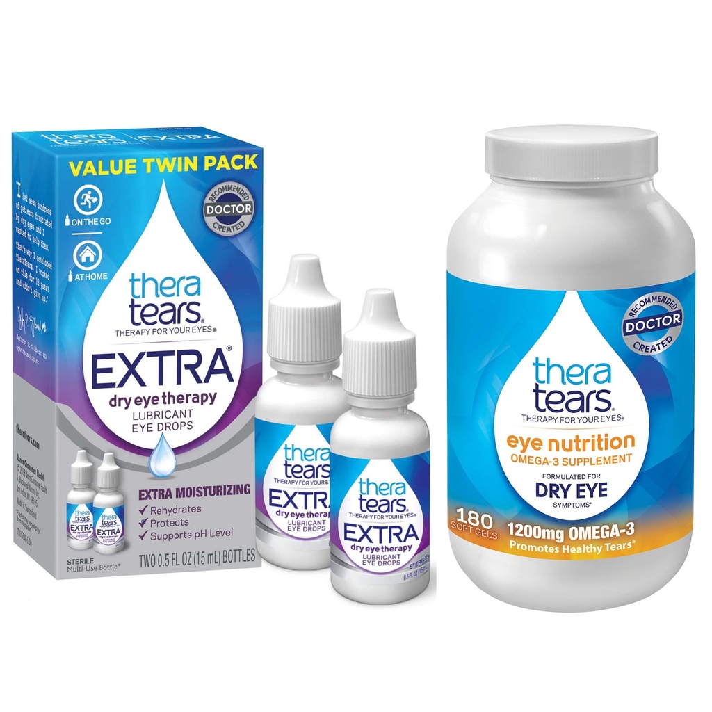 TheraTears 1200mg Omega 3 Supplement für Augenernährung, Bio Flaxseed Triglycerid Fischöl und Vitamin E, 180 Zähler mit Thera Tears Augentropfen für trockene Augen, 0.5 Fl Oz, 15 Ml, 2 Pack