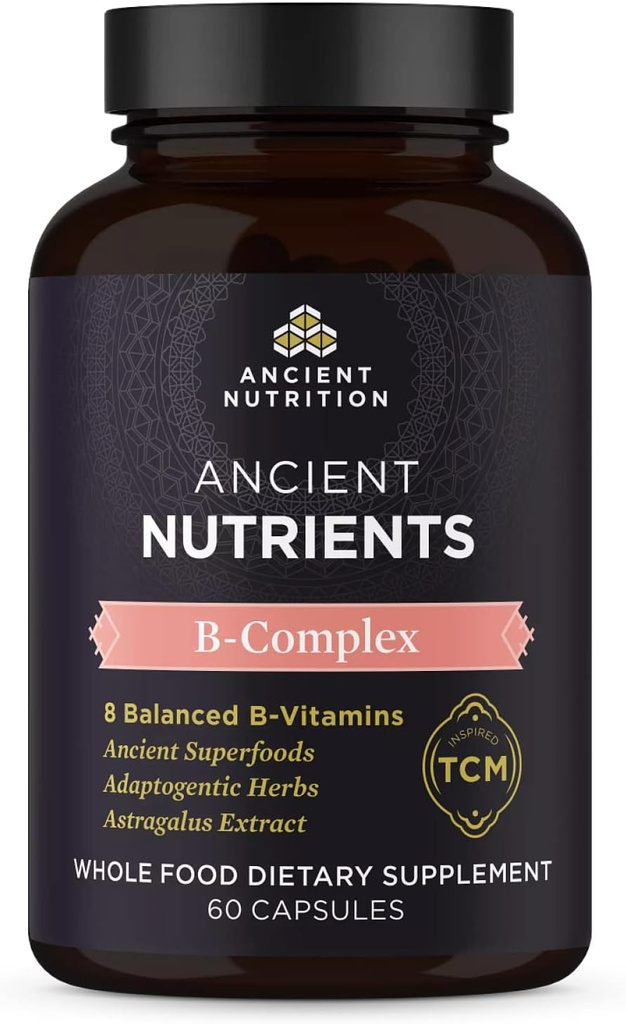 Antike Nahrung Vitamin B-Komplex-Ergänzung, 8 Balanced B-Vitamine, Unterstützt gesunde Energiestufen, adaptogene Kräuter, Enzym aktiviert, Paleo & Keto Friendly, 60 Kapseln