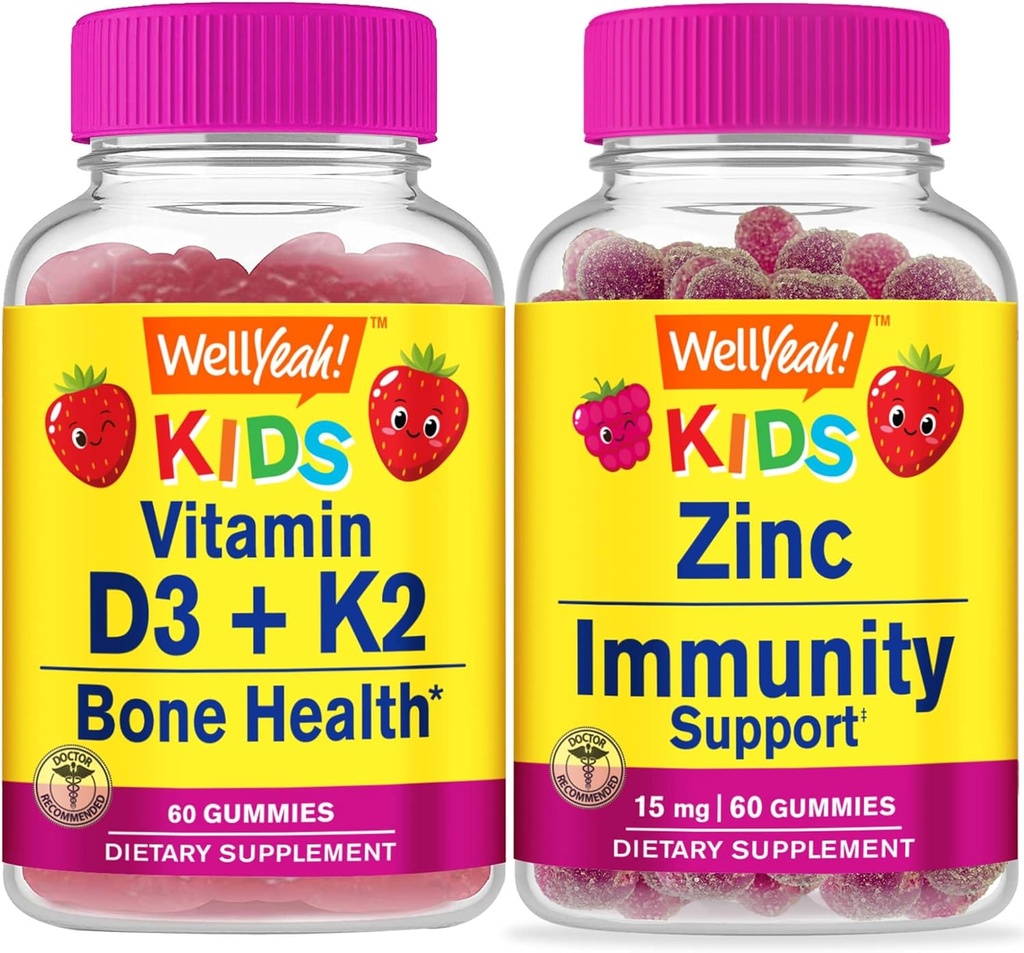 WellJa Vitamin D3+K2 Kinder + Zink Kinder 15mg, Gummi Bundle - Große Verkostung, Vitamin-Ergänzung, Glutenfrei, GMO frei, Kaugummi