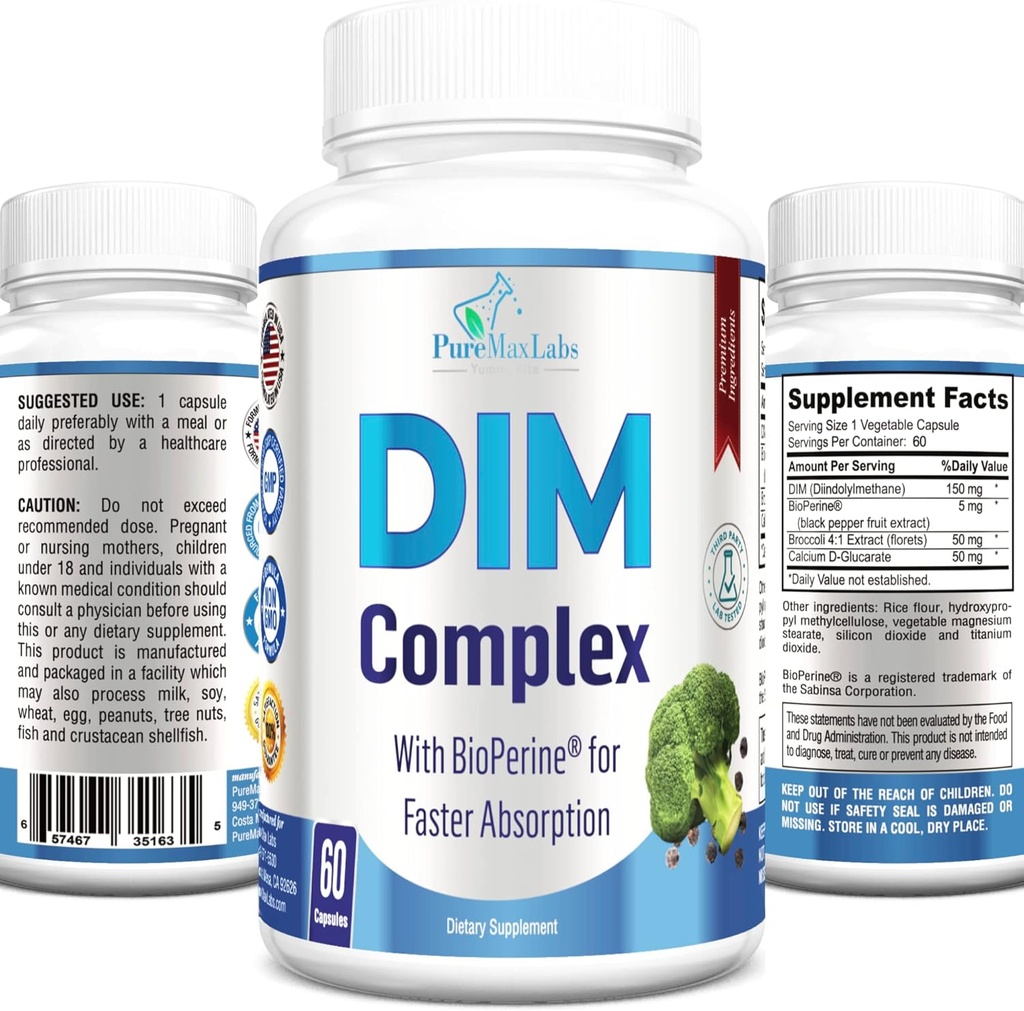 DIM-Ergänzung – 150mg DIM (Diindolylmethan), Broccoli, Calcium D-Glucarate & Bioperine - Hormon Balance für Männer und Frauen, Estrogen, Menopause Balance - 60 Kapseln