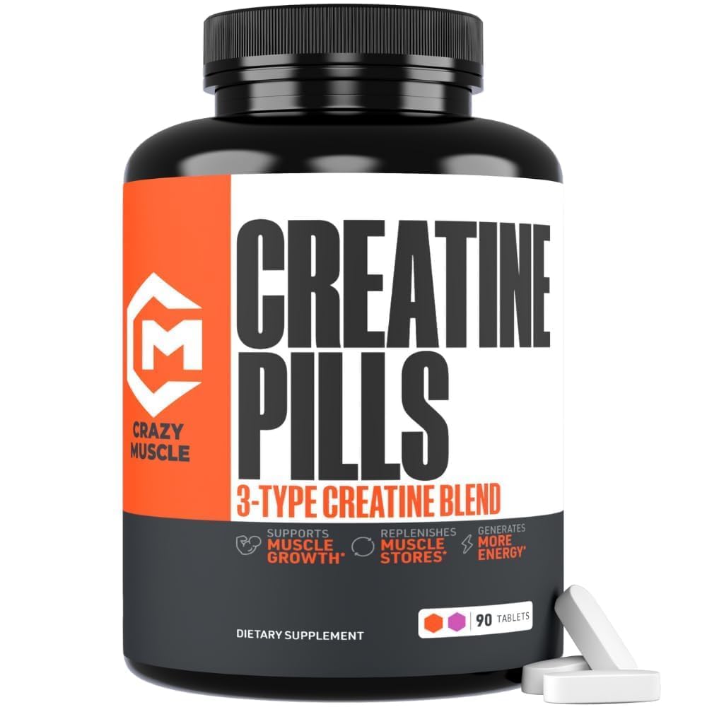 Crazy Muscle Creatine Pills, 5g 3X Pure Creatine Monohydrate, Préentraînement Bulk Mass Gainer, Haute Absorption Facile à prendre TroisAtine 3 Type Performance Optimum pour la croissance maigre, 90 comprimés