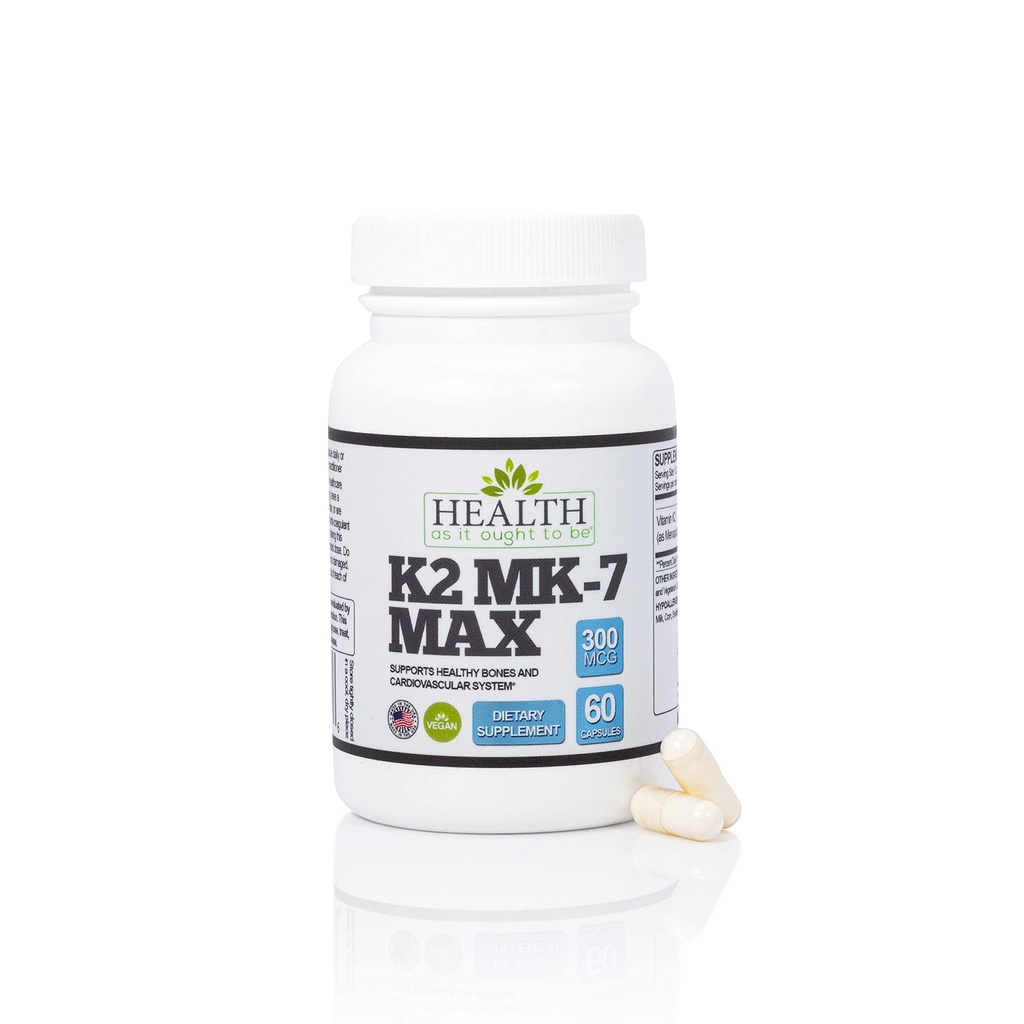 Health As It Ought To Be Vitamin K2 MK-7 Max 300 mcg Supplement – Extra Strength, Soy-Free Formula for Bone and Cardiovascular Health Support – 60 Capsules