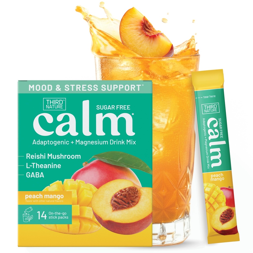 Third Nature Calm Powdered Drink Mix for Stress Support, Relaxation, Healthy Cortisol & Focus - No Sugar, Non-GMO On-The-Go Calming Drink with Magnesium Glycinate, GABA, Peach Mango, 14 Stick Packs