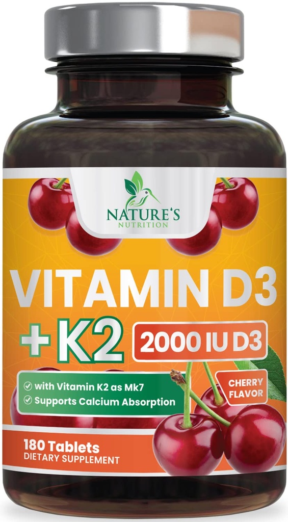 Vitamine D 2000 UI 50mcg par comprimé - Vitamines D3 & K2 (MK7) Supplément complexe pour os, dents, muscles, absorption de calcium, soutient la santé immunitaire et cardiaque, formule à croquer USA embouteillé - 180 comprimés