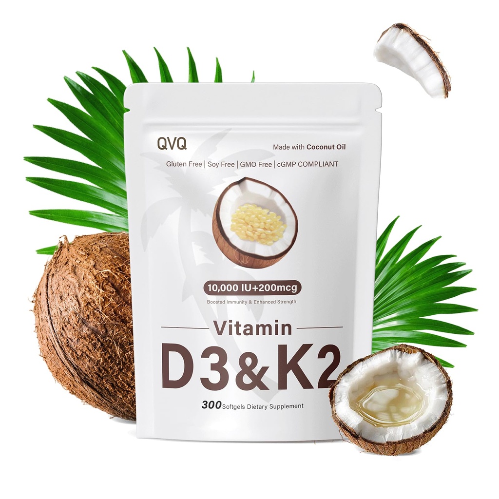 300 Stück 2 in 1 Vitamin D3 10000 iu Plus K2 (MK-7) 200 mcg Virgin Coconut Oil Softgels mit Vitaminen D & K unterstützt Kalziumabsorption, Knochen, Immun- &amp; Herzgesundheit – einfach zu schlucken