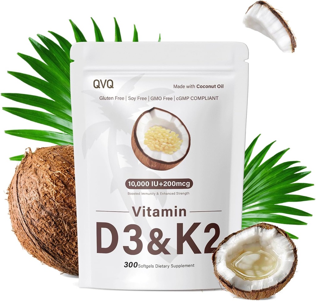 300 Stück 2 in 1 Vitamin D3 10000 iu Plus K2 (MK-7) 200 mcg Virgin Coconut Oil Softgels mit Vitaminen D & K unterstützt Kalziumabsorption, Knochen, Immun- &amp; Herzgesundheit – einfach zu schlucken