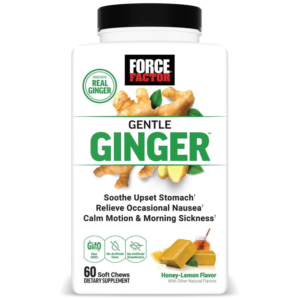 FACTEUR DE FORCE Gingembre doux Chews pour le soulagement des nausées, la maladie de mouvement et la maladie du matin, supplément de gingembre avec vitamine B6 pour le soutien digestif, non-OGM, arôme de gingembre de citron de miel, 60 chews doux