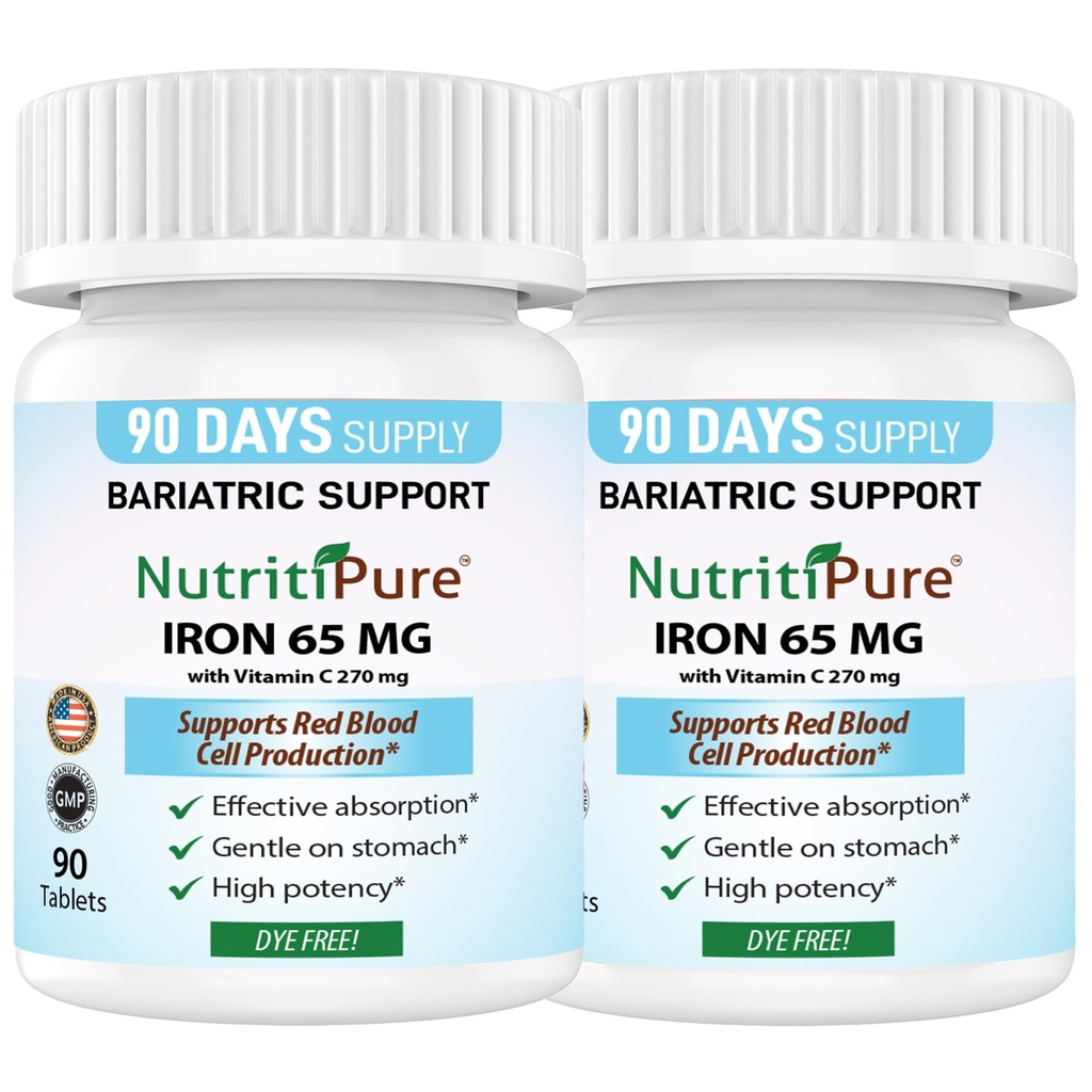 Tablet en fer carbonyle 65 mg avec 270 mg de vitamine C. 180 jours d'approvisionnement pour les femmes/hommes de haute puissance Vitamines bariatriques pour les patients atteints de SDF, y compris le pont gastrique.