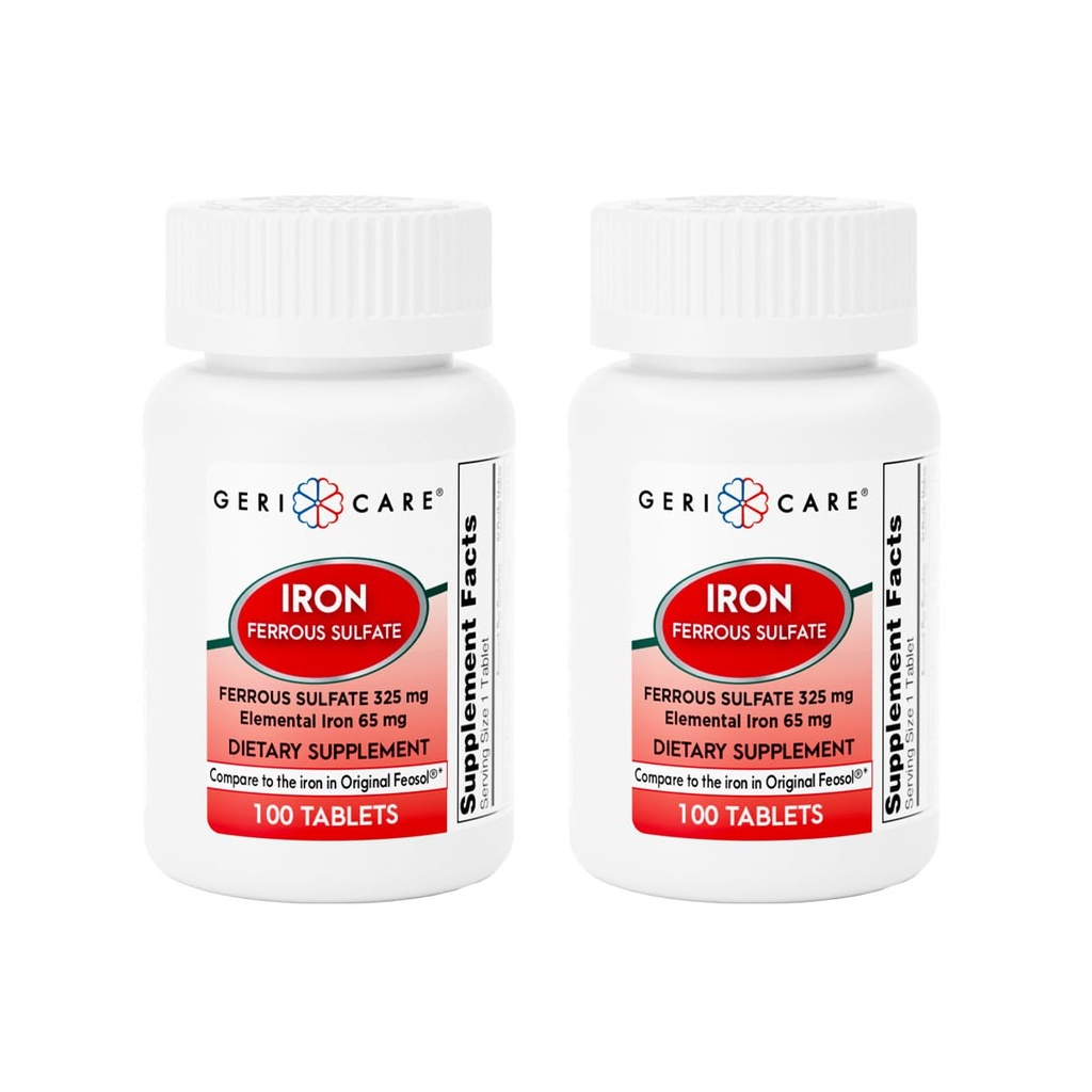 Comprimés de sulfates ferreux GeriCare 325mg, supplément de fer élémentaire 65 mg de fer à haute puissance.