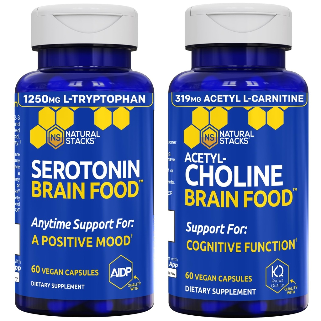 NATURAL STACKS Acetylcholin Brain Food & Serotonin Brain Food Bundle - unterstützt eine positive Stimmung & kognitive Funktion* - 120 Gesamtkapseln