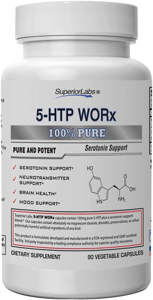 Superior Labs – 5-HTP Worx - 150 mg Pure 5-HTP Plus Potent Serotonin Blend - 90 Gemüsekapseln - Serotonin Amplification - Neurotransmitter-Unterstützung - Gehirngesundheit - Mood-Unterstützung