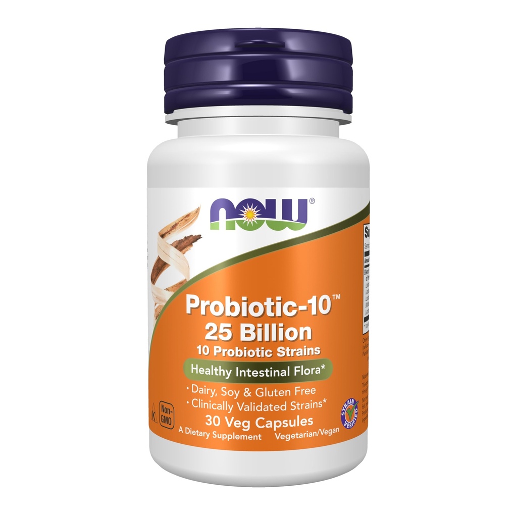 MAINTENANT compléments alimentaires, Probiotic-10TM, 25 milliards, avec 10 souches probiotiques, laitiers, sans soja et sans gluten, souche vérifiée, 30 capsules de légumes