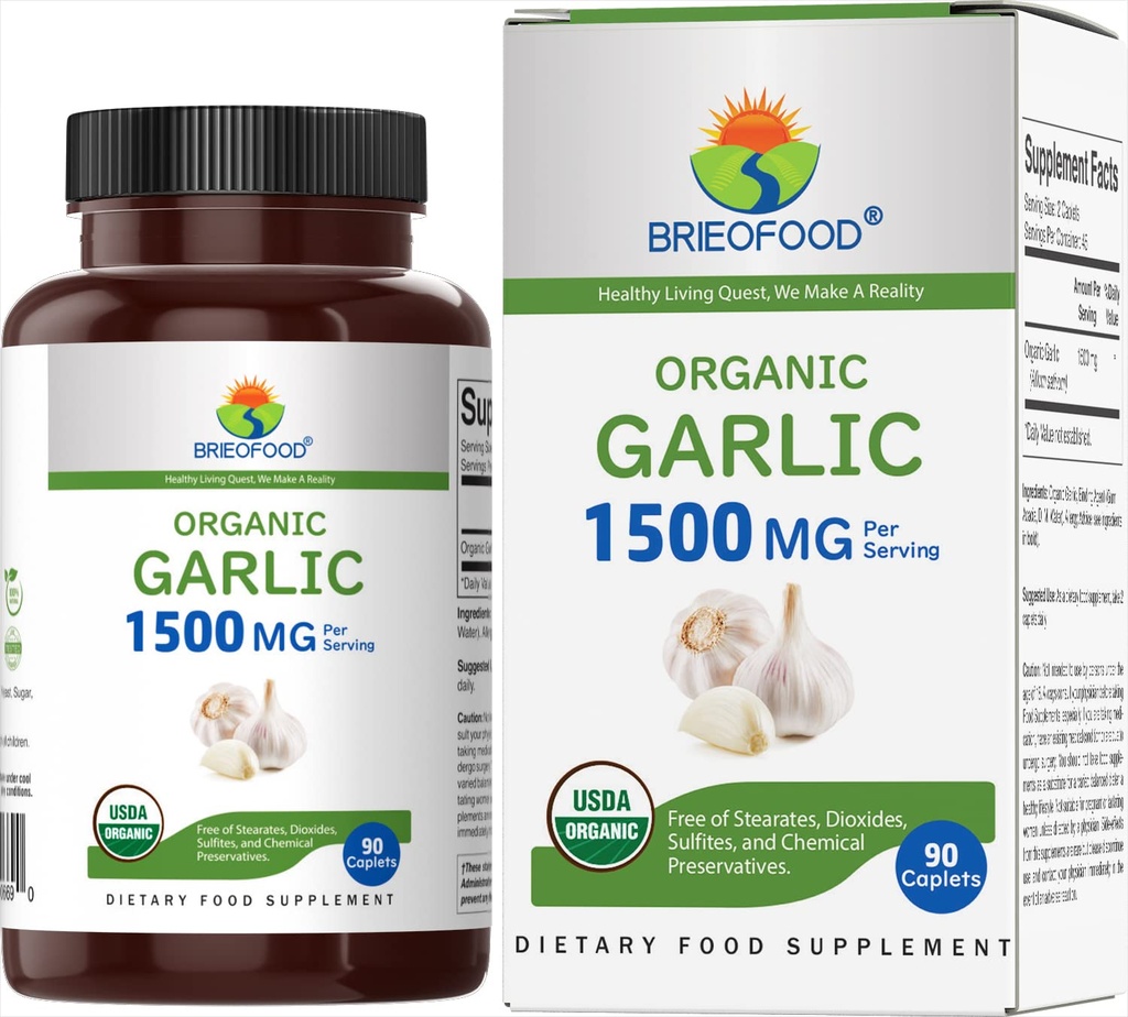 Brieofood Bio Knoblauch 1500mg, 45 Servierungen, Vegetarisch, Glutenfrei, 90 vegetarische Tabletten