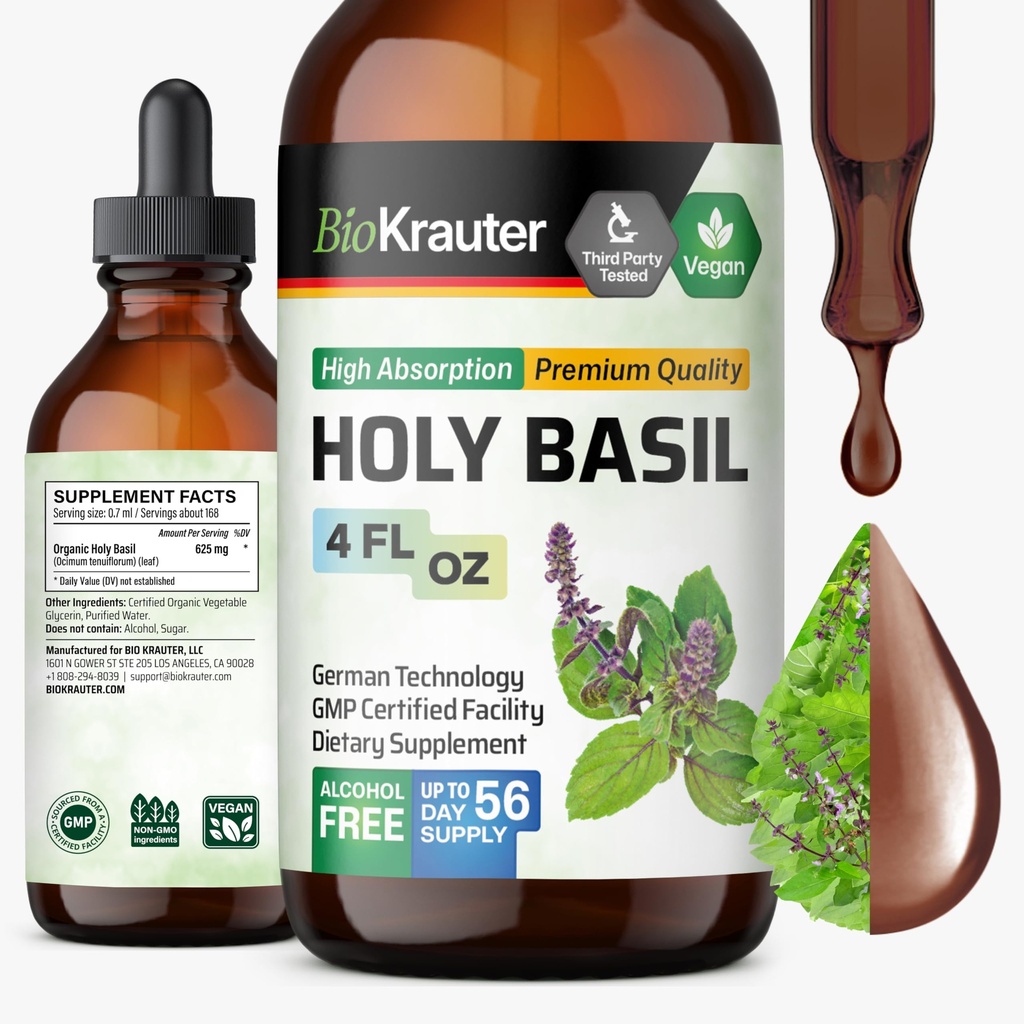 BIO KRAUTER® Holy Basil for Calm & Relaxation Support - Vegan Holy Basil Supplement 625 mg per Serving for Mood Support - 4 Fl.Oz., 56-Day Supply, Alcohol & Sugar Free Herbal Adrenal Supplements
