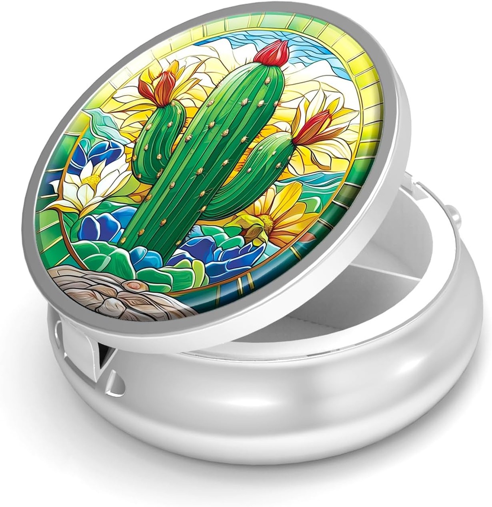 Pille Box-3 Compartment Small Pill Case für Geldbeutel &amp; Tasche Mini Metall Pillenhalter Reisen Pillen Container Nahrungsergänzungsmittel Vitamine BPA-frei (Cactus)
